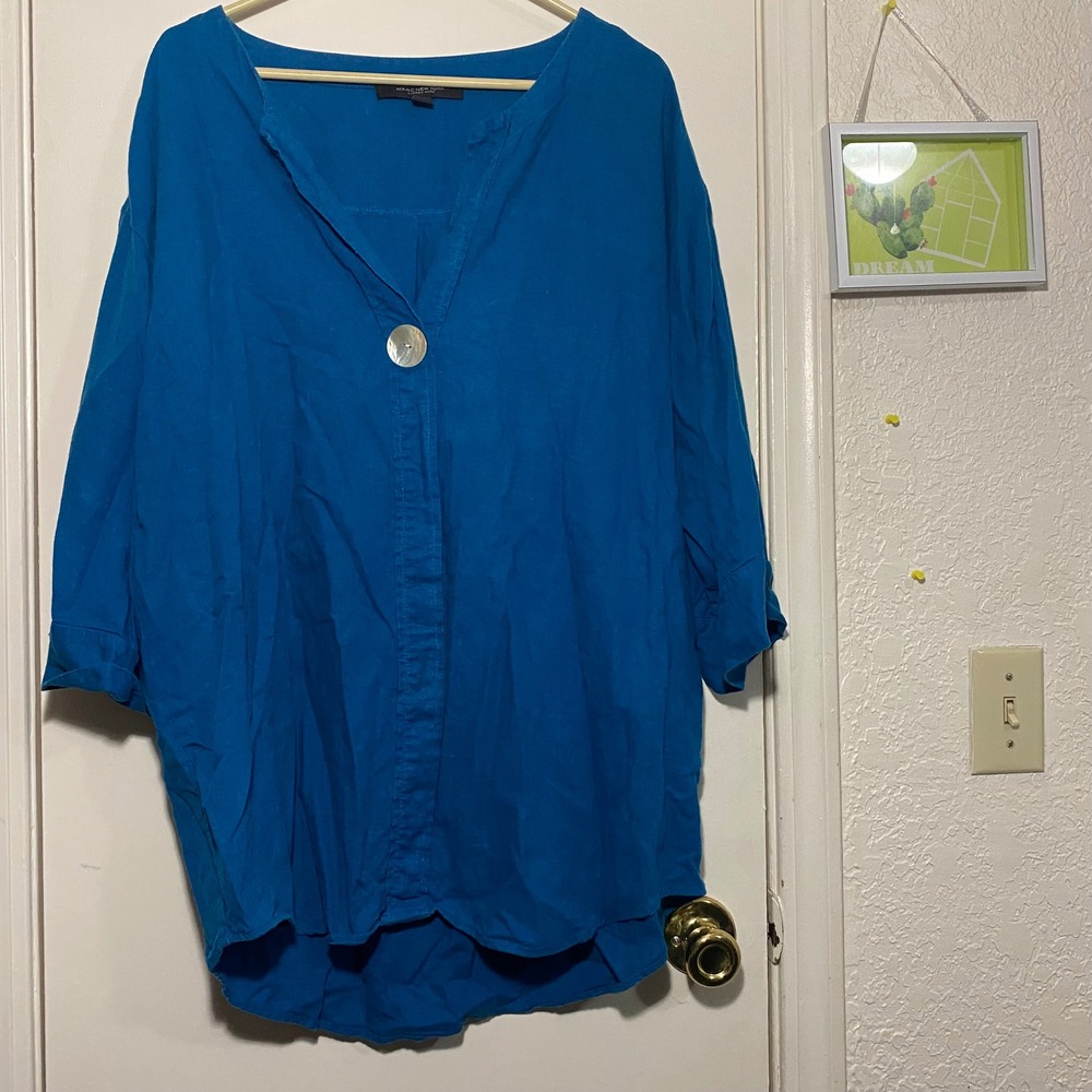 Marc New York Andrew Marc Linen Blend Tunic Top Blue Linen Blend XL Womens